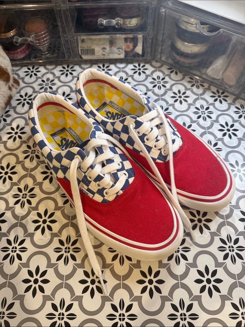 Vans Red Canvas Sneakers with Blue & White Checkerboard